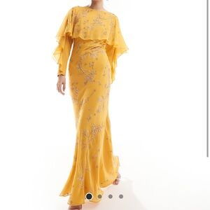 ASOS Design modesty embellished long sleeve ruffle bias maxi dress in mustard